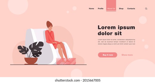 Woman practicing beauty care procedures at home. Bathrobe, mask for hair and eyes, bath for foot flat vector illustration. Skincare, self care concept for banner, website design or landing web page