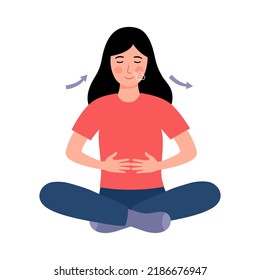 Woman practicing breathing exercise in flat design on white background.