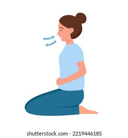 Woman practicing breathing exercise in flat design on white background.