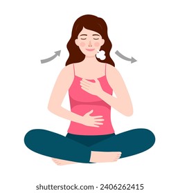 Woman practicing breathing exercise in flat design on white background.