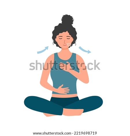 Woman practicing breathing exercise in flat design on white background.
