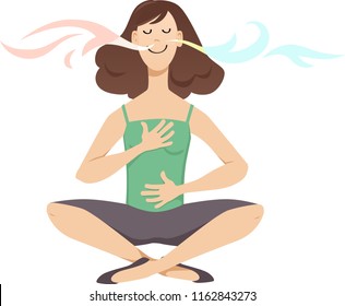 Woman Practicing Breathing Exercises, EPS 8 Vector Cartoon