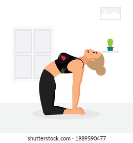 Woman practicing camel asana indoor, international yoga day 