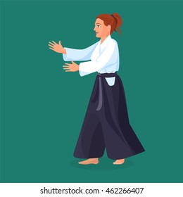 Woman is practicing, defending skills in uniform, colorful vector flat illustration