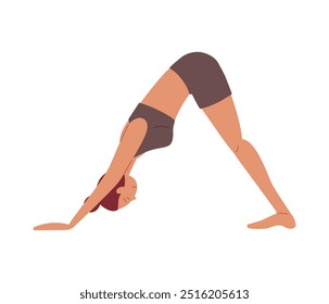 Woman practicing downward dog yoga pose in a simple and serene indoor environment