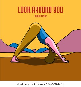 Woman practicing the Downward Facing Dog pose for YOGA DAY event. Beautiful colorful poster design with encouragement caption