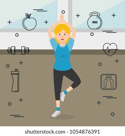woman practicing exercice with sports icons