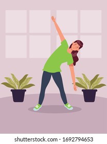 woman practicing exercise in the house vector illustration design