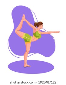 Woman practicing fitnes yoga gym gymnastics. Banner with illustration of woman doing yoga or pilates exercise on mat. woman doing exercise. young girl standing stretching posture Vector Illustration