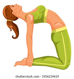 Woman practicing fitnes yoga gym gymnastics. Banner with illustration of woman doing yoga or pilates exercise on mat. woman doing exercise. young girl standing stretching posture Vector Illustration