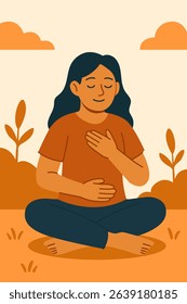 Woman practicing grounding and mindfulness through deep breathing in nature. Calm and peaceful emotional self-care illustration.