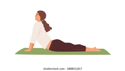 Woman practicing Hatha yoga on mat vector flat illustration. Active female character demonstrating cobra or upward facing dog pose isolated on white. Sportswoman doing backbend, enjoying training