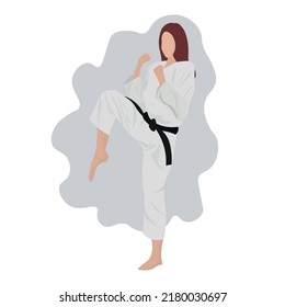 Woman practicing karate on white background