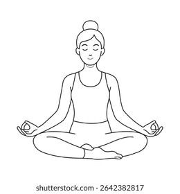 Woman Practicing Meditation – Flat Line Art Vector Illustration