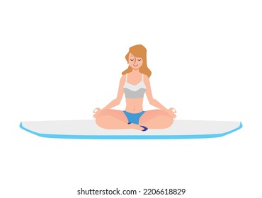 Woman practicing meditation on paddleboard, flat cartoon vector illustration isolated on white background. Paddleboard or SUP sport and yoga female personage.