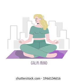 Woman practicing meditation on wireless earphones. Calm mind, deep breath. Girl is escaping from big cities stresses. Banner for yoga studio