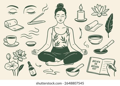 Mulher praticando meditação com elementos de relaxamento em linha monocromática desenhando cena estética