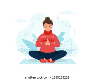 Woman practicing meditation. Vector illustration in flat style