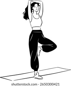 Woman practicing mindfulness and balance, simple black and white wellness sketch.