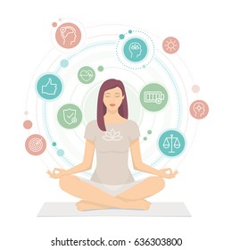 Woman practicing mindfulness meditation, she is sitting in the lotus position and she is surrounded by health and wellness concepts