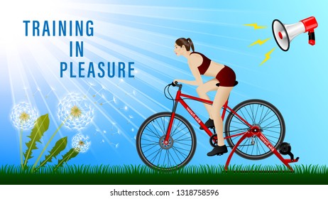 Woman practicing on a stationary bike, Bike-Trainer under a megaphone, side view, profile. Outdoor, Sunny weather, green grass, dandelion. Sport and recreation. Realistic Vector Illustration