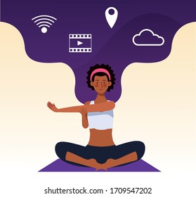 woman practicing online yoga for quarantine vector illustration design