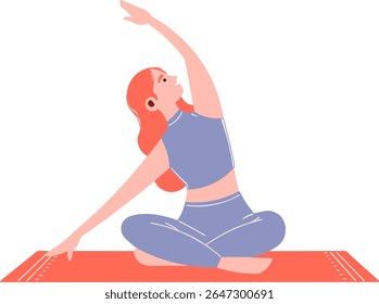 Woman Practicing Side Bend Yoga Pose on Mat.Flat vector illustration of a woman in a side bend yoga pose, perfect for health, wellness, and fitness-related designs. 