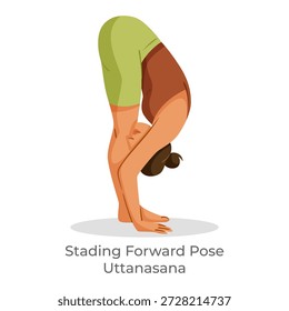 Frau, die vorwärts stehende Bogen Yoga Pose mit Händen auf Füßen, flache Farbe Stil, auf weißem Hintergrund übt. Konzept der Yogaübung. Vektorgrafik