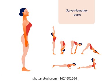 Woman practicing Sun Salutation (Surya Namaskar). Poster infographics design for yoga studio. International Yoga Day greeting cardVector illustration
