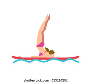 Woman practicing SUP yoga on paddle board vector illustration isolated on white background. Fitness on water, sport training, healthy lifestyle concept in flat design.