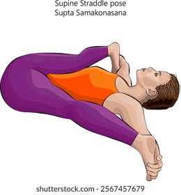 Woman practicing Supta Samakonasana yoga pose. Supine Straddle pose or Reclining Straddle pose.Intermediate Difficulty. Isolated vector illustration.