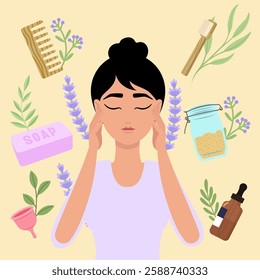 Woman practicing sustainable lifestyle surrounded by eco-friendly items like reusable jars, natural soap, and bamboo toothbrush on a pastel background