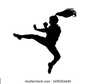 Woman practicing taekwondo silhouette vector illustration