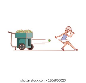 woman practicing tennis with ball throwing machine