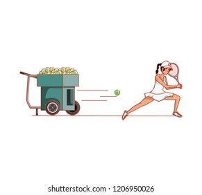 woman practicing tennis with ball throwing machine