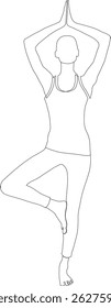 Mulher praticando postura de árvore (Vrikshasana) em um tapete. Postura de ioga promovendo equilíbrio, foco e atenção. Fêmea em desgaste atlético de pé em uma perna com as mãos em oração acima da cabeça, isolado em branco