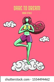 Woman practicing the Tree pose for YOGA DAY event. Beautiful colorful poster design with encouragement caption