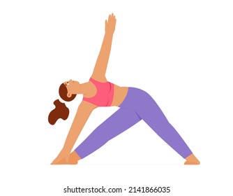Woman practicing triangle yoga pose, utthita trikonasana. Flat vector illustration, isolated character