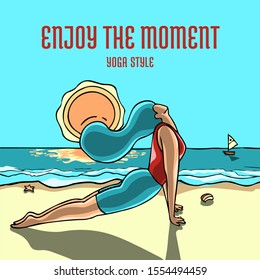 Woman practicing the Upward Facing Dog pose for YOGA DAY event. Beautiful colorful poster design with encouragement caption