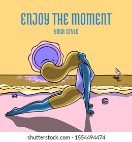 Woman practicing the Upward Facing Dog pose for YOGA DAY event. Beautiful colorful poster design with encouragement caption