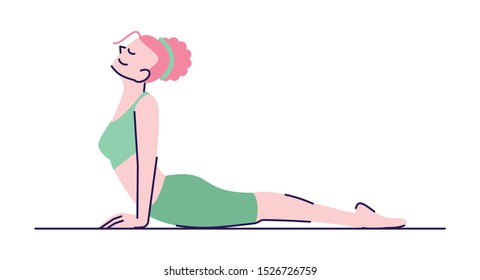 Woman practicing urdhva mukha svanasana exercise flat vector illustration. Yoga practice. Girl doing upward facing dog pose isolated cartoon character with outline elements on white background