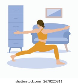 Mujer practicando guerrero dos poses en casa