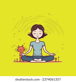 A woman practicing yoga accompanied by her cat