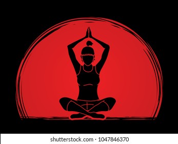 Woman practicing yoga, Yoga action designed on sunlight background graphic vector.