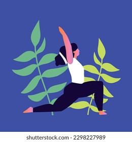 Woman practicing yoga. Aerobics class, training, sports activity. Flat cartoon colorful vector illustration.