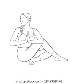 Woman practicing yoga asana and movements. Hatha yoga lord of the fishes pose. Sketch vector illustration in white background