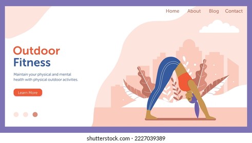 Woman practicing yoga asana outdoors on horizontal banner for yoga classes. Girl doing exercises in city park. Healthy lifestyle landing page or site template with outdoor female fitness workout.