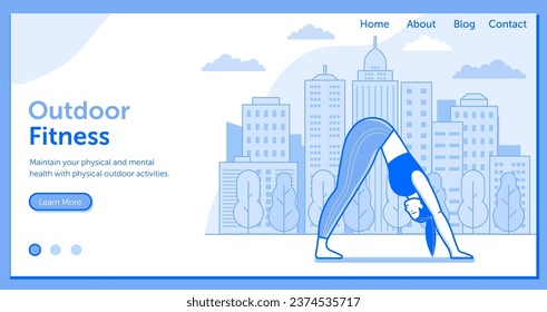 Woman practicing yoga asana outdoors on horizontal banner for yoga classes. Girl doing exercises in city park. Healthy lifestyle landing page or site template with outdoor female fitness workout.