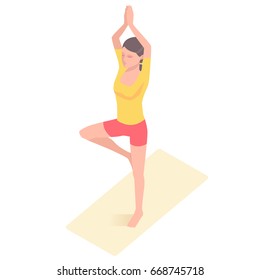 Woman practicing yoga. Balancing on one leg pose. Healthy lifestyle concept. Isolated vector illustration