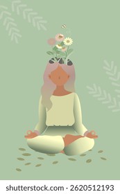 Woman Practicing Yoga with Blooming Plants Growing from Her Head,  Symbolizing Mental Health, Mindfulness, and Inner Growth